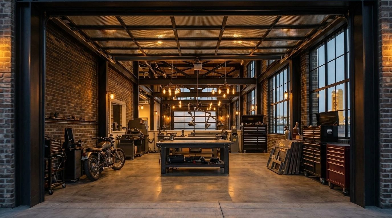 Patel Garage Door Services Interior View of Custom Garage Door Overhead and Workshop